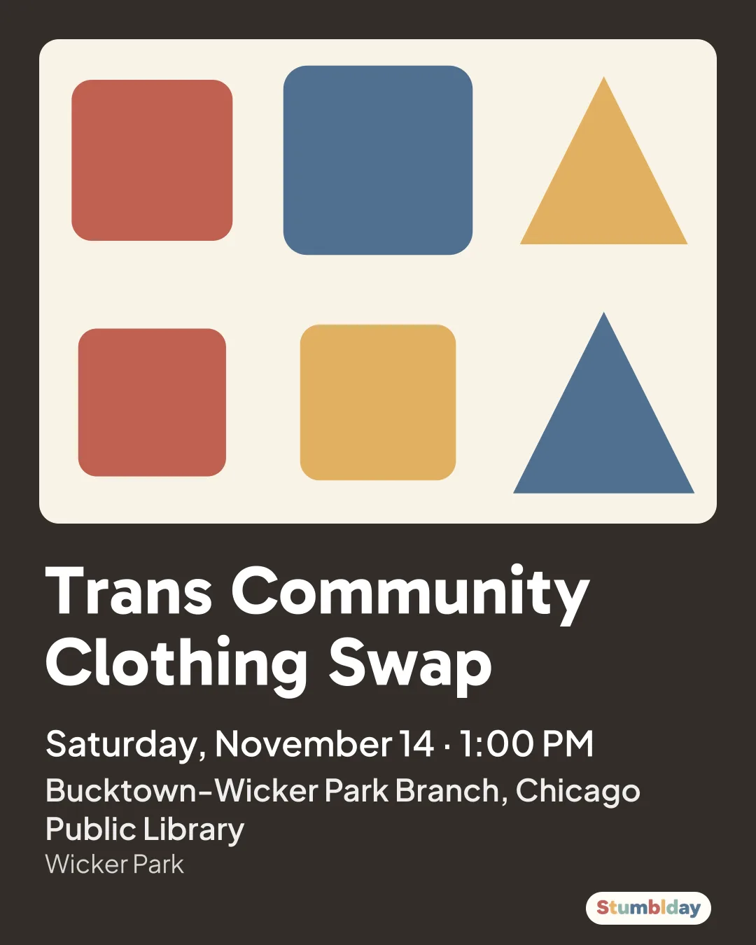 Flyer for Trans Community Clothing Swap: Saturday, November 14 · 1:00 PM at Bucktown-Wicker Park Branch, Chicago Public Library