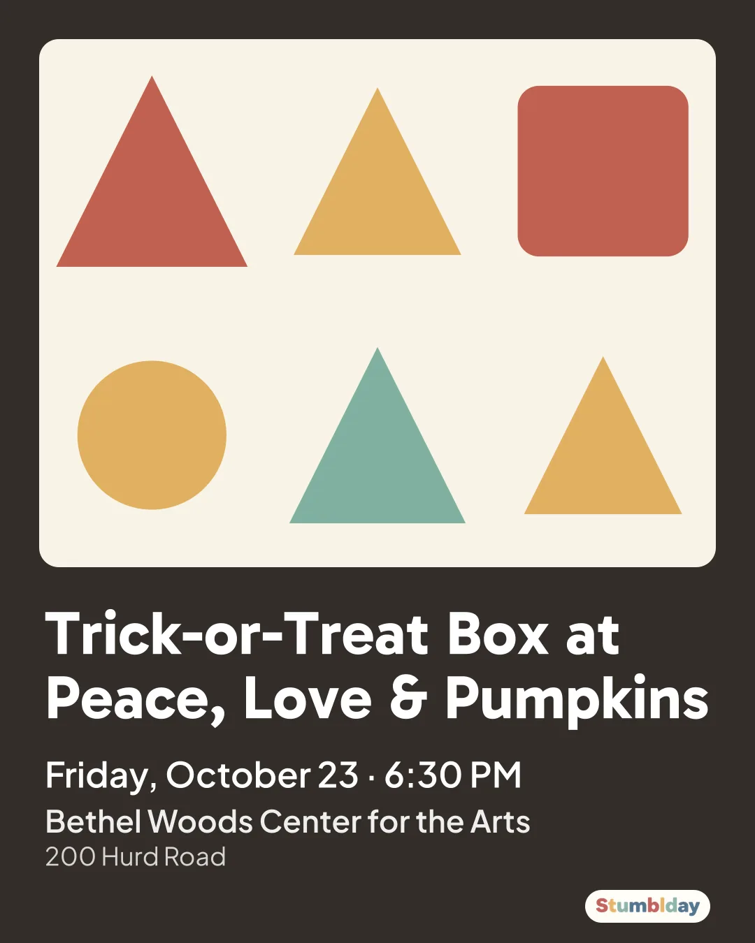 Flyer for Trick-or-Treat Box at Peace, Love & Pumpkins: Friday, October 23 · 6:30 PM at Bethel Woods Center for the Arts