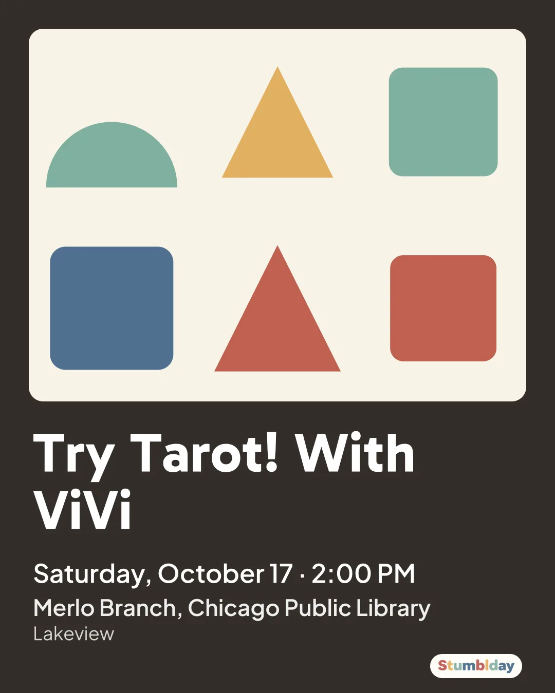 Flyer for Try Tarot! With ViVi: Saturday, October 17 · 2:00 PM at Merlo Branch, Chicago Public Library