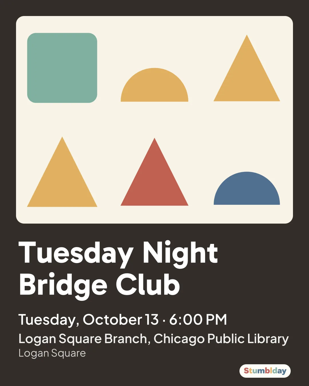 Flyer for Tuesday Night Bridge Club: Tuesday, October 6 · 6:00 PM at Logan Square Branch, Chicago Public Library