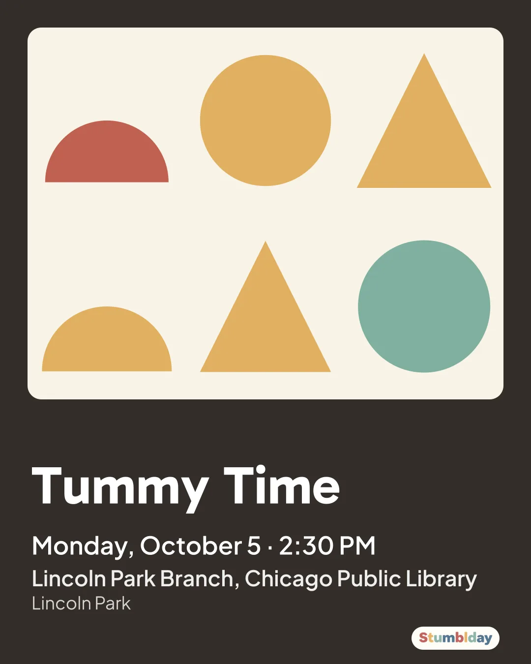 Flyer for Tummy Time: Monday, October 5 · 2:30 PM at Lincoln Park Branch, Chicago Public Library