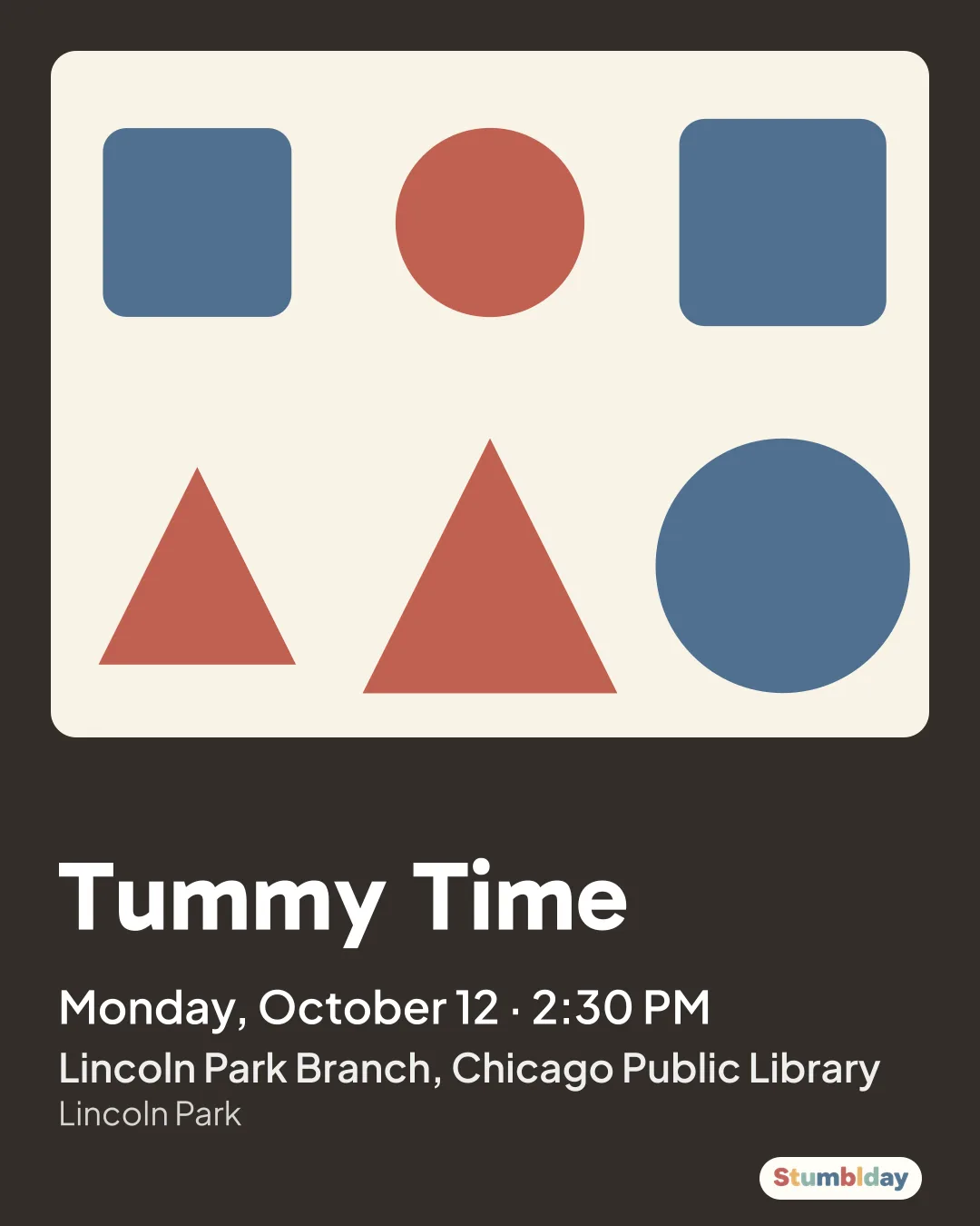 Flyer for Tummy Time: Monday, October 12 · 2:30 PM at Lincoln Park Branch, Chicago Public Library