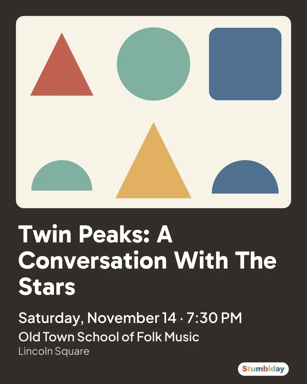 Flyer for Twin Peaks: A Conversation With The Stars: Saturday, November 14 · 7:30 PM at Old Town School of Folk Music