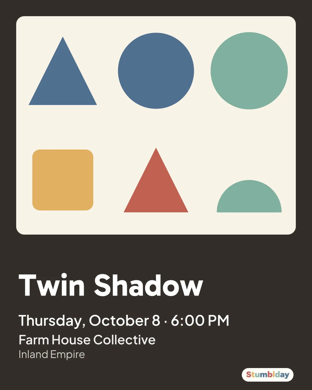 Flyer for Twin Shadow: Thursday, October 8 · 6:00 PM at Farm House Collective