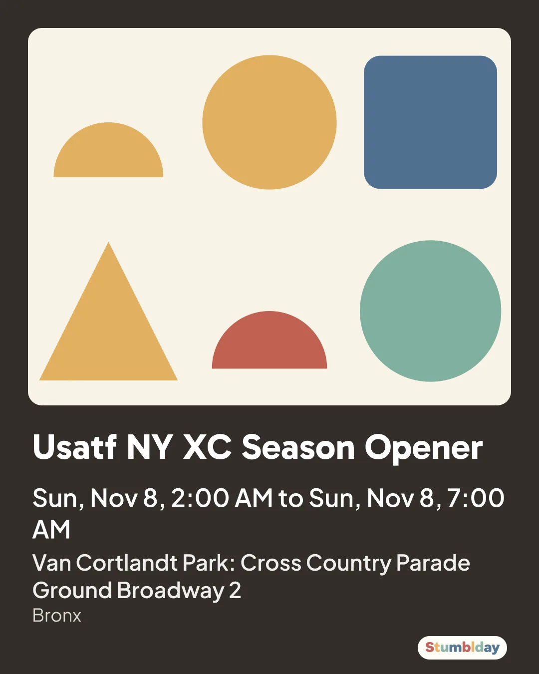 Flyer for Usatf NY XC Season Opener: Sun, Nov 8, 2:00 AM to Sun, Nov 8, 7:00 AM at Van Cortlandt Park: Cross Country Parade Ground Broadway 2