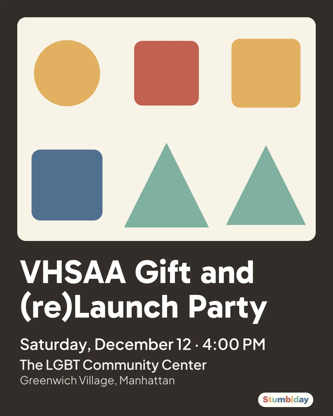 Flyer for VHSAA Gift and (re)Launch Party: Saturday, December 12 · 4:00 PM at The LGBT Community Center
