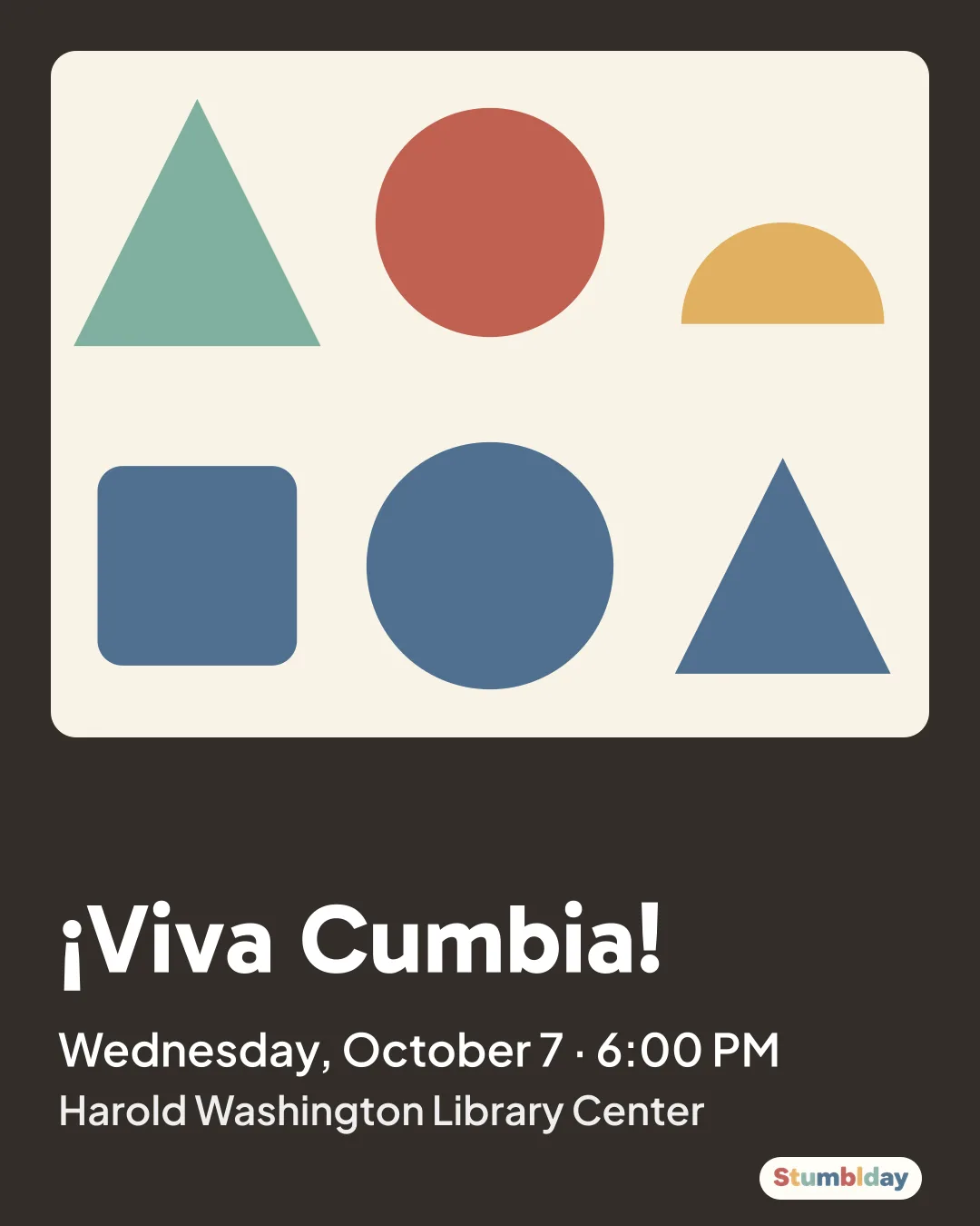 Flyer for ¡Viva Cumbia!: Wednesday, October 7 · 6:00 PM at Harold Washington Library Center