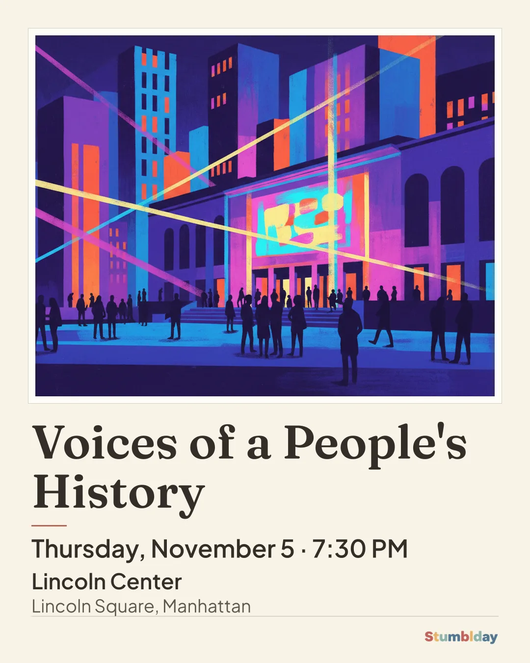 Flyer for Voices of a People's History: Thursday, November 5 · 7:30 PM at Lincoln Center