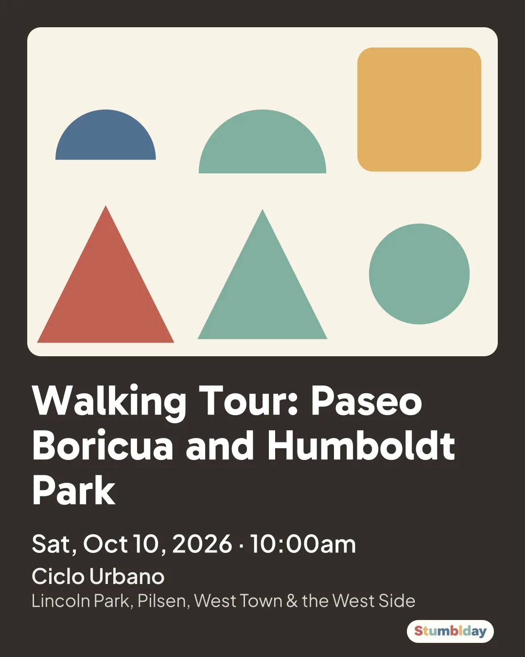 Flyer for Walking Tour: Paseo Boricua and Humboldt Park: Sat, Oct 10, 2026 · 10:00am at Ciclo Urbano