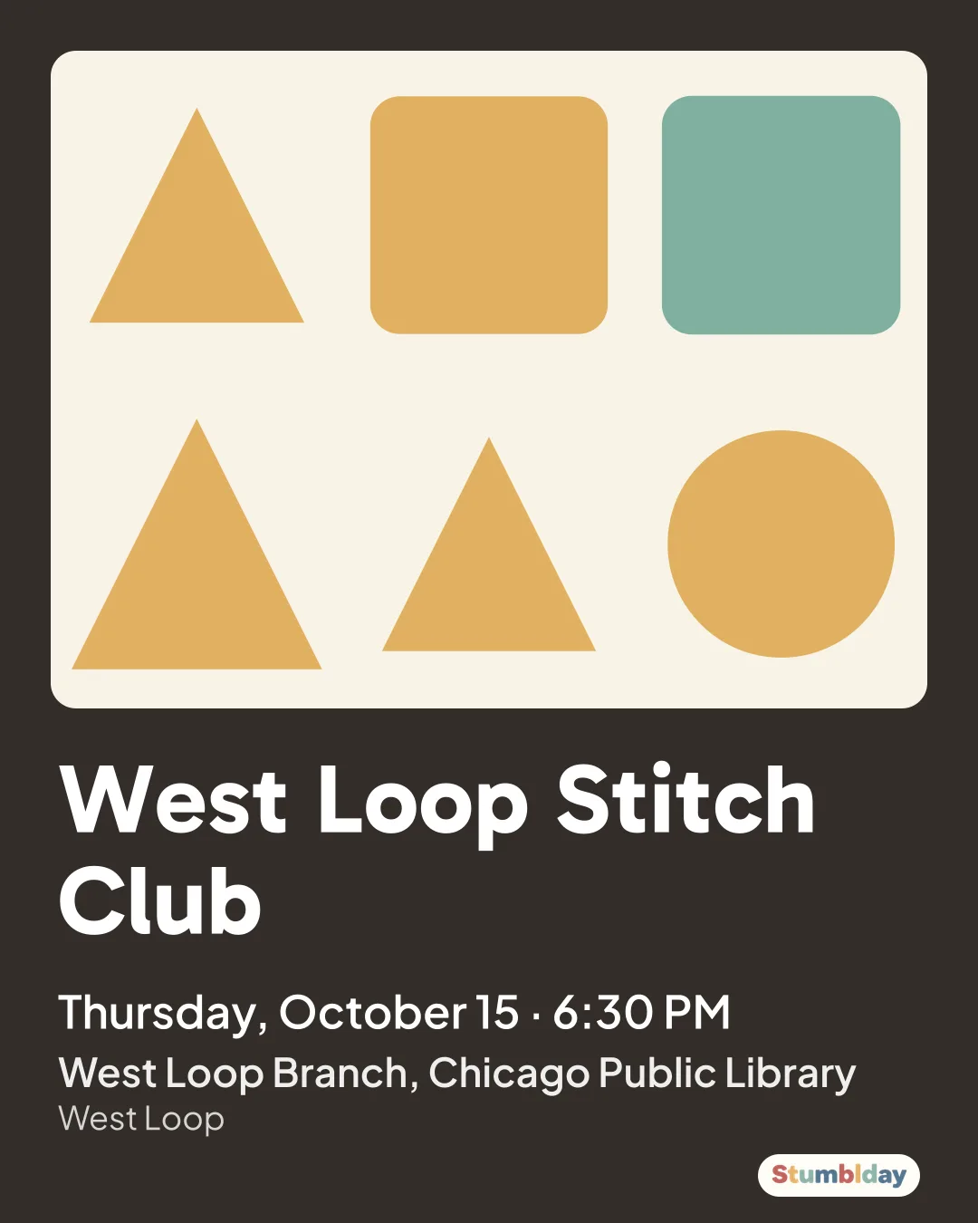 Flyer for West Loop Stitch Club: Thursday, October 15 · 6:30 PM at West Loop Branch, Chicago Public Library