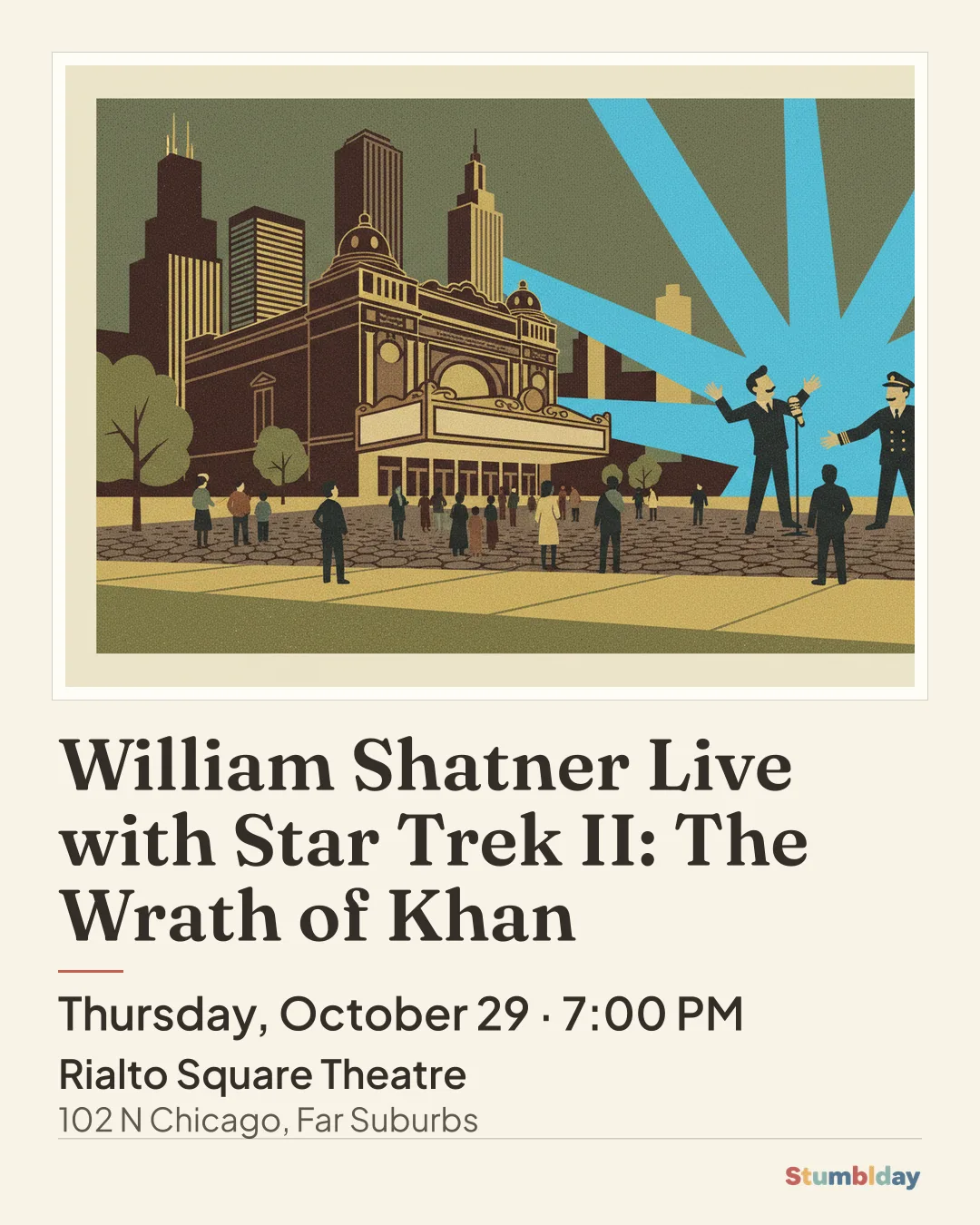 Flyer for William Shatner Live with Star Trek II: The Wrath of Khan: Thursday, October 29 · 7:00 PM at Rialto Square Theatre