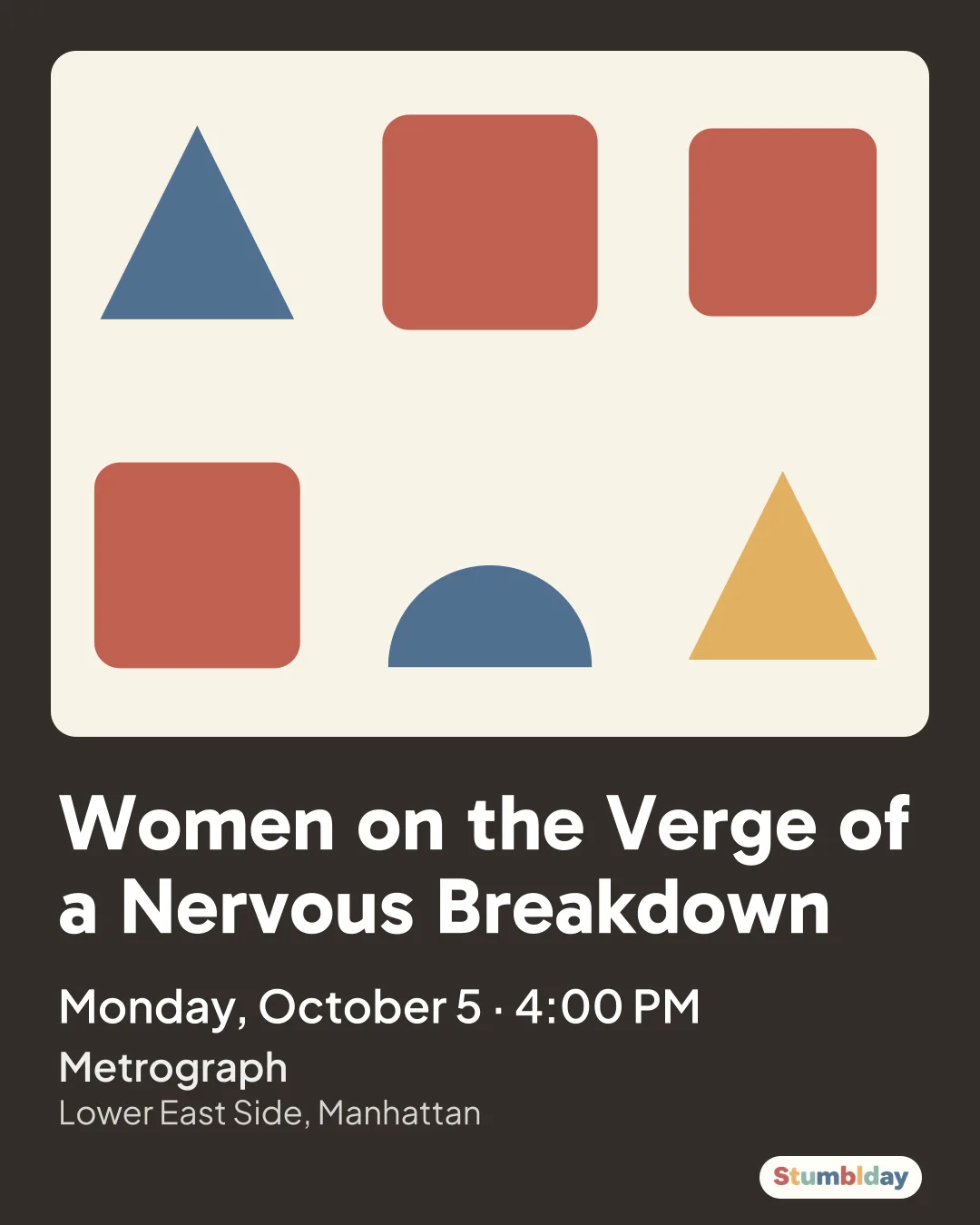 Flyer for Women on the Verge of a Nervous Breakdown: Monday, October 5 · 4:00 PM at Metrograph