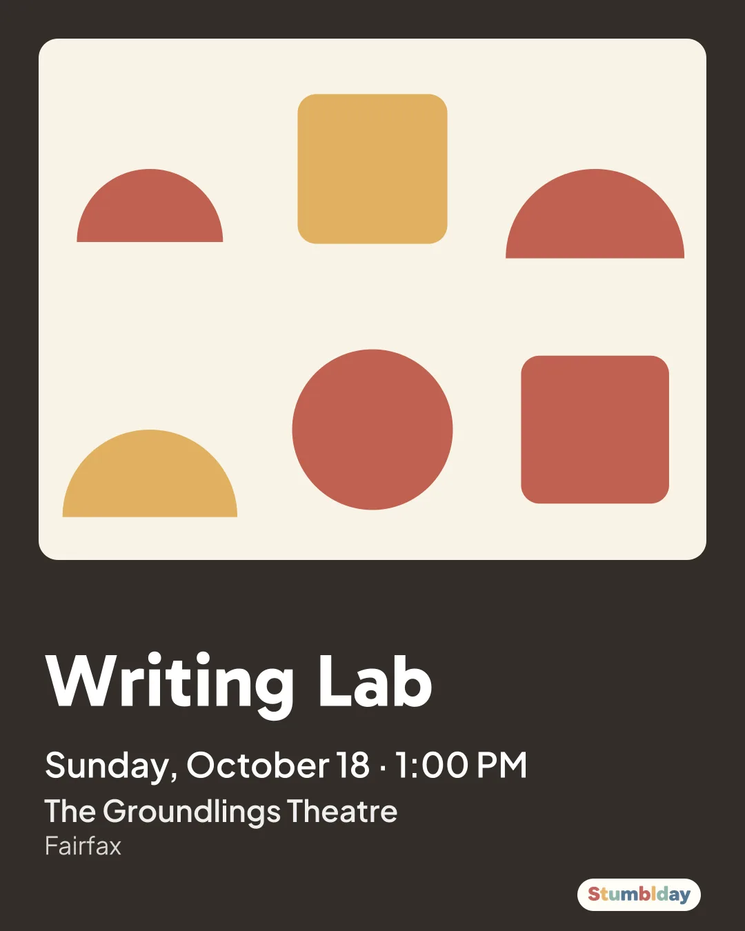 Flyer for Writing Lab: Sunday, October 18 · 1:00 PM at The Groundlings Theatre