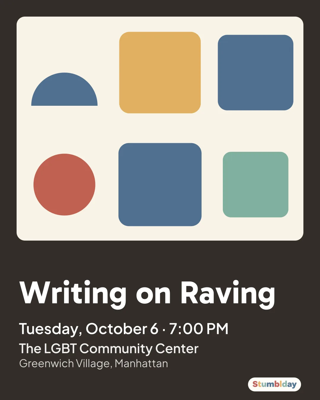 Flyer for Writing on Raving: Tuesday, October 6 · 7:00 PM at The LGBT Community Center
