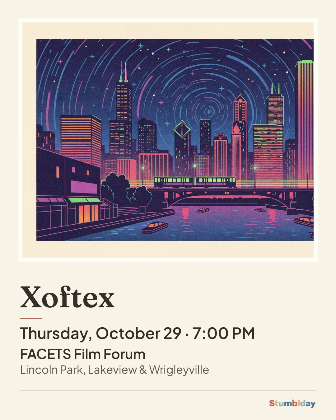 Flyer for Xoftex: Thursday, October 29 · 7:00 PM at FACETS Film Forum