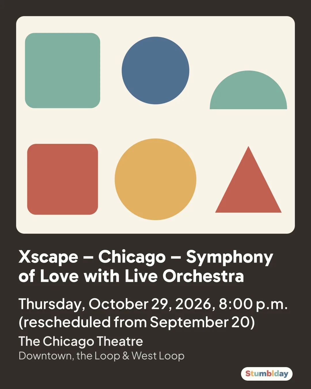 Flyer for Xscape – Chicago – Symphony of Love with Live Orchestra: Thursday, October 29, 2026, 8:00 p.m. (rescheduled from September 20) at The Chicago Theatre