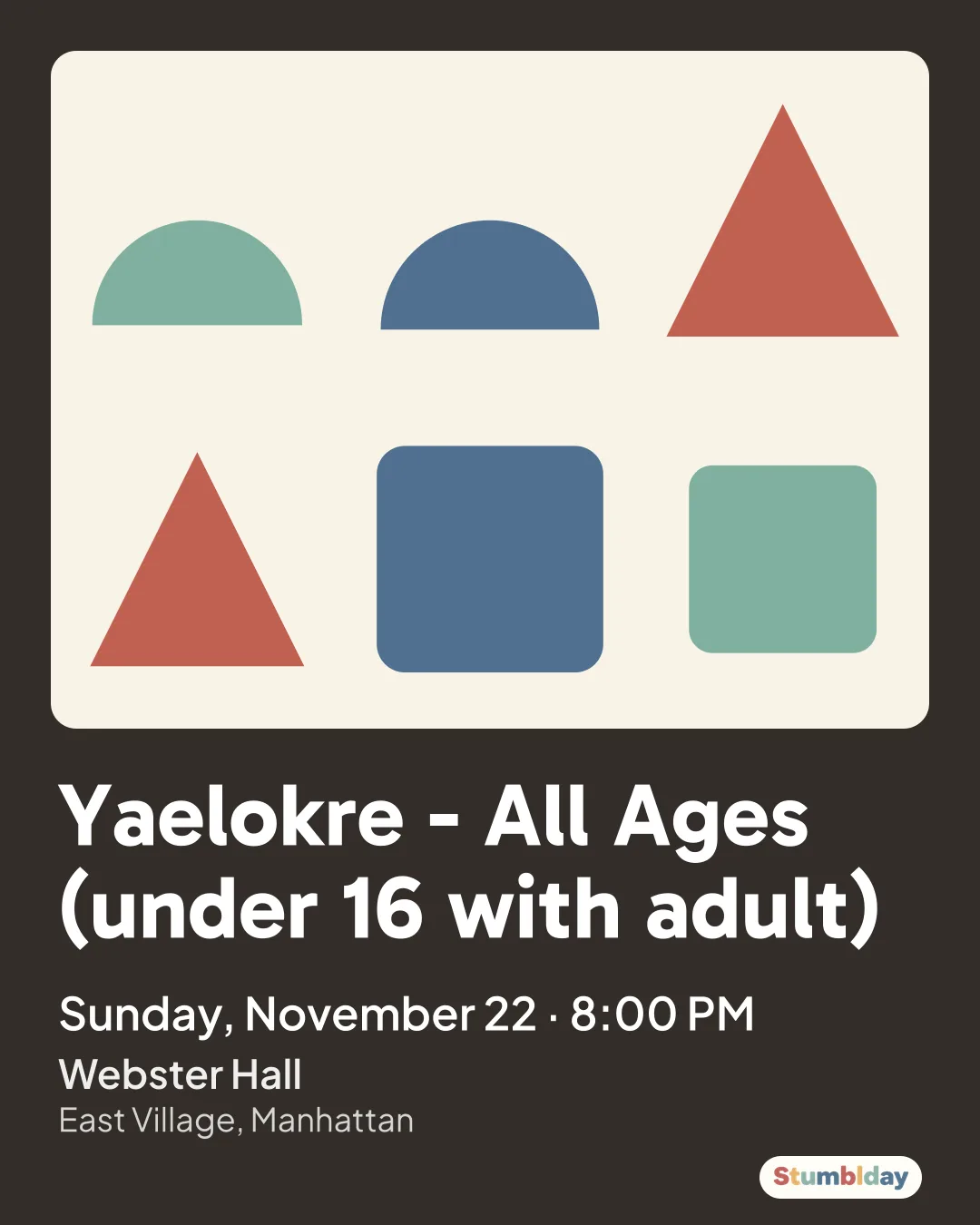 Flyer for Yaelokre - All Ages (under 16 with adult): Sunday, November 22 · 8:00 PM at Webster Hall