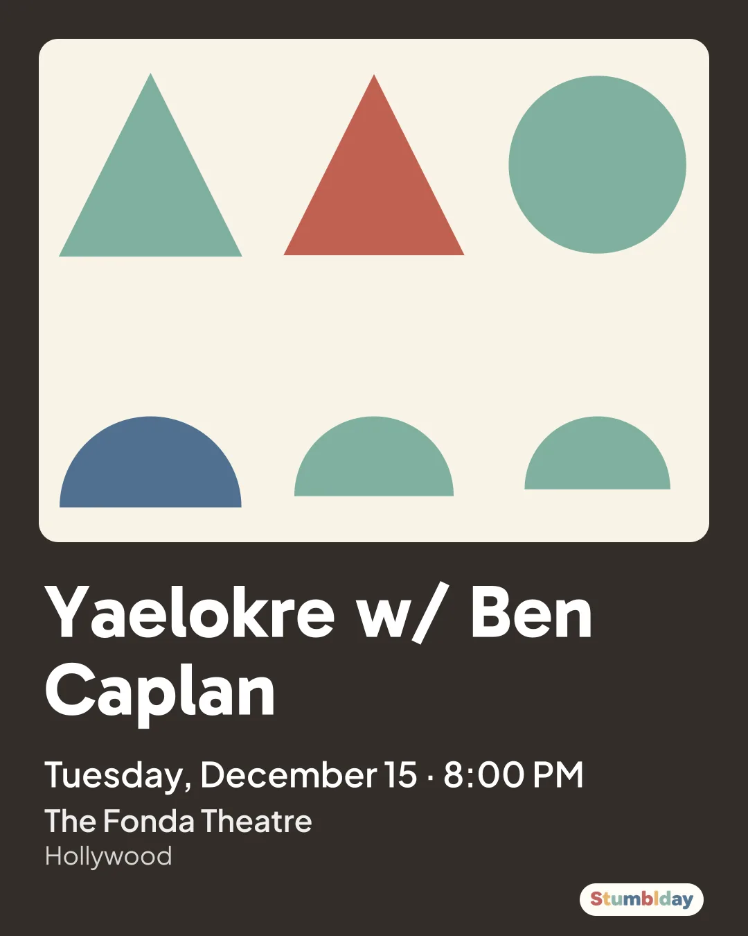 Flyer for Yaelokre w/ Ben Caplan: Tuesday, December 15 · 8:00 PM at The Fonda Theatre