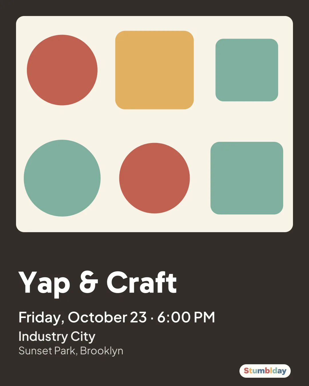 Flyer for Yap & Craft: Friday, October 23 · 6:00 PM at Industry City
