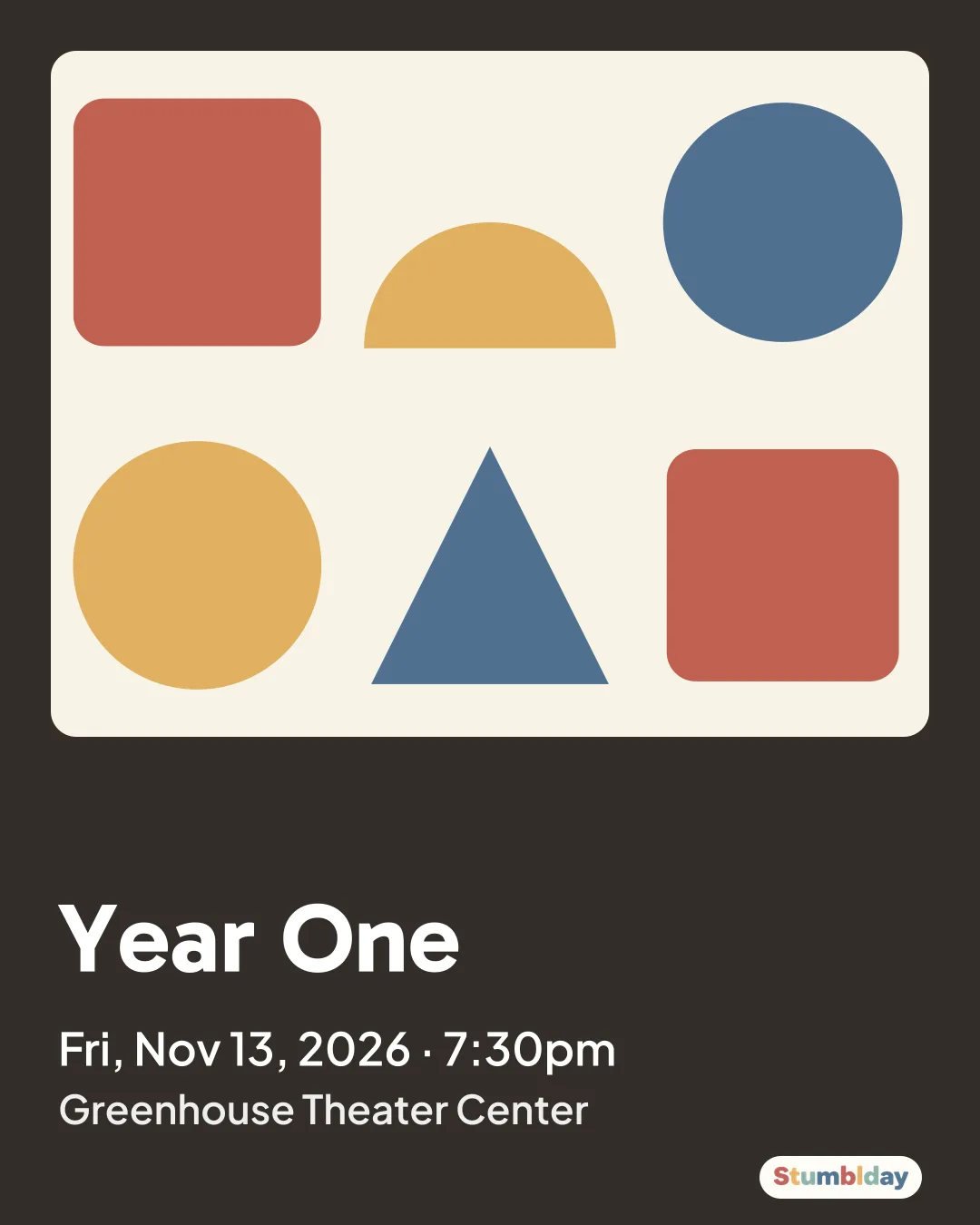 Flyer for Year One: Fri, Nov 13, 2026 · 7:30pm at Greenhouse Theater Center