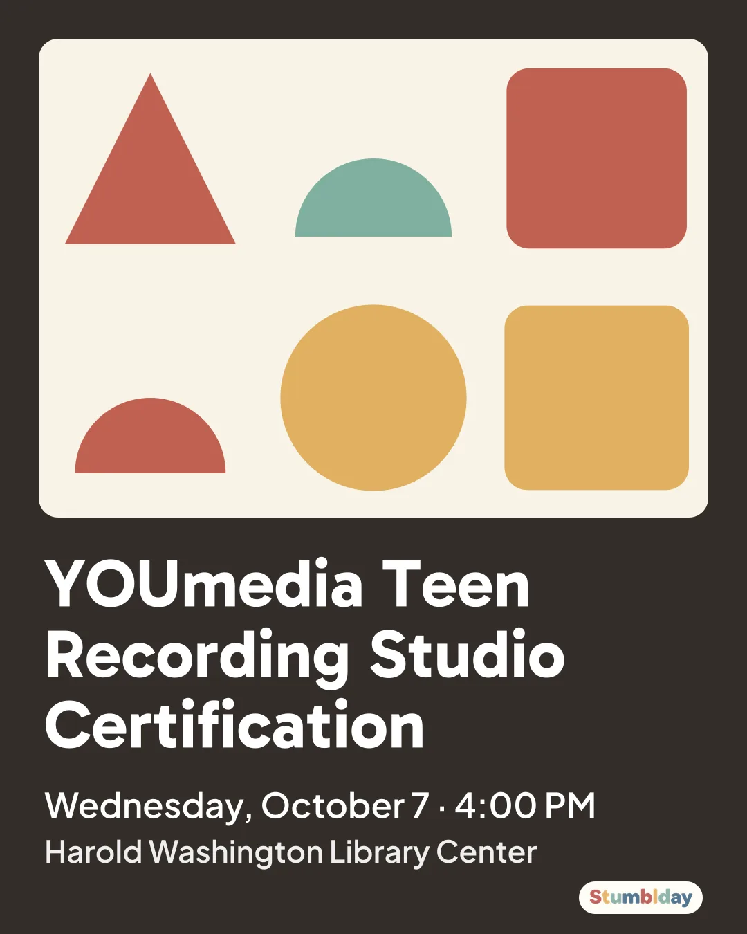 Flyer for YOUmedia Teen Recording Studio Certification: Wednesday, October 7 · 4:00 PM at Harold Washington Library Center