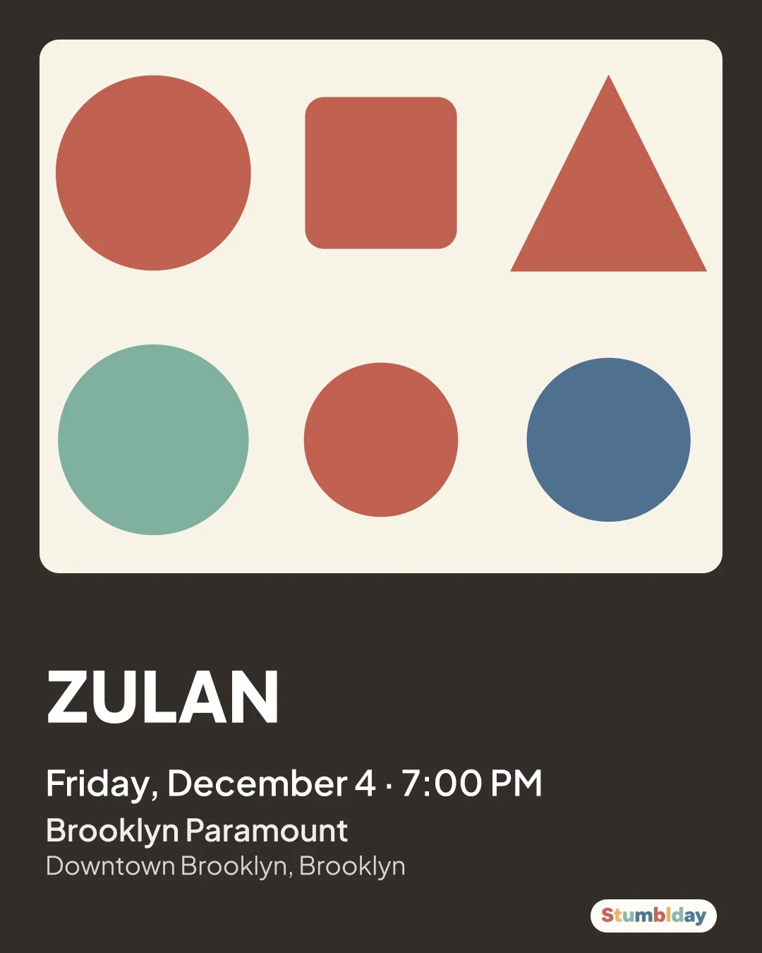 Flyer for ZULAN: Friday, December 4 · 7:00 PM at Brooklyn Paramount