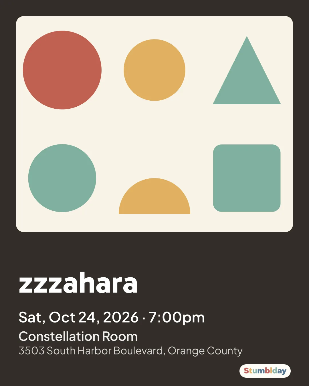 Flyer for zzzahara: Sat, Oct 24, 2026 · 7:00pm at Constellation Room